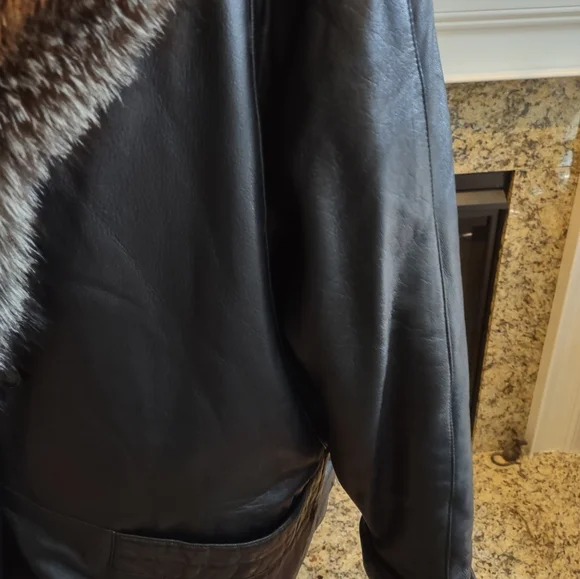 Vera Pelle Black Genuine Black Leather 3/4 Coat Fur Trim Made In Italy L - XL 14 - Picture 7 of 13